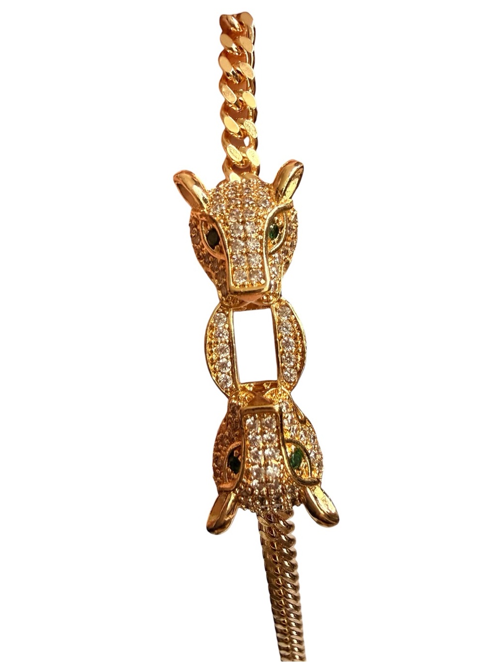 Gold-Tone Panther Link Bracelet with Green Stone Eyes 18k gold filled 7"